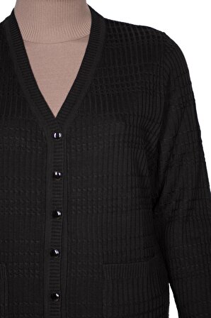Hesna Kadın Nilay Anne Cepli Düğmeli Siyah Triko Ceket