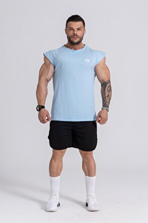 Gymwolves Spor Erkek Tişört Açık Mavi | Tactical Kol Kesim | Workout T-Shirt