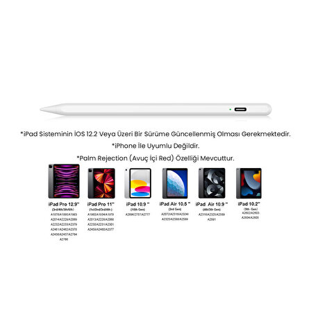 iPad Pro 12.9 İnç 3.4.5.6. Nesil Uyumlu Palm Rejection Avuç İçi Reddetmeli Stylus Kalem