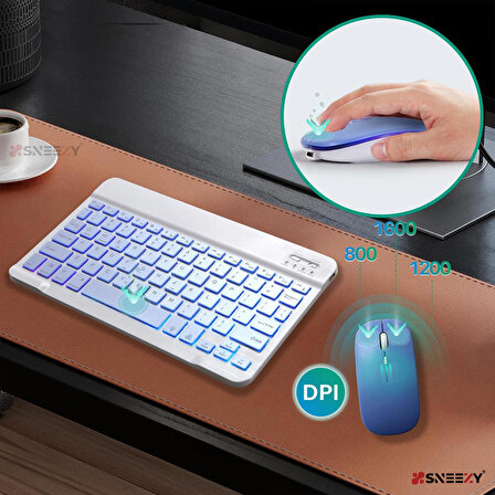 Apple ipad 7.Nesil 10.2 inç 2019 Uyumlu RGB Işıklı Bluetooth & Wireless Türkçe Klavye Mouse Seti