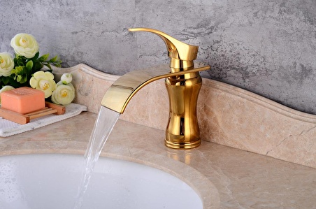 Anunnaki Gold Altın Dore Şelale Modern Tezgah Üstü Banyo Lavabo Bataryası