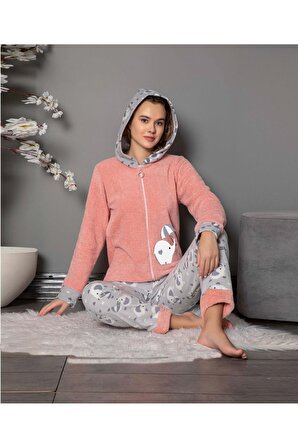 Fermuarlı Peluş Welsoft Kapşonlu Pijama Takımı
