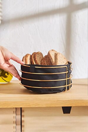 Şık Gold Ekmeklik Paslanmaz Krom Sofra Ekmek Sepeti Ergonomik Şeritli Oval Kutu Yıkanır Siyah Kumaş