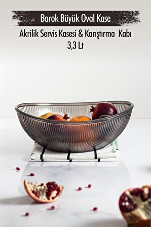 Akrilik Barok Füme Büyük Oval Meyve & Salata Kasesi & Karıştırma Kabı / 3,3 Lt  (CAM DEĞİLDİR)