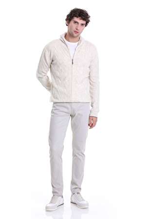 Bej Regular Fit Jakarlı Yarım Fermuarlı Kapüşonlu Triko Kazak | XL