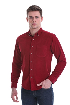Bordo Slim Fit Düz 100% Pamuklu Düğmeli Yaka Uzun Kollu Klasik Gömlek | XS