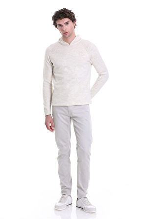 Ekru Regular Fit Jakarlı Kapüşonlu Triko Kazak | M