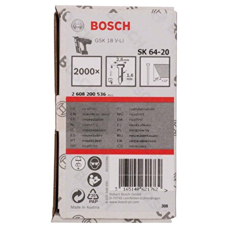 Bosch Gnh 18v-64 m Uyumlu SK64-20 NR Paslanmaz Başsız Çivi 63mm 2000 Adet 2608200536