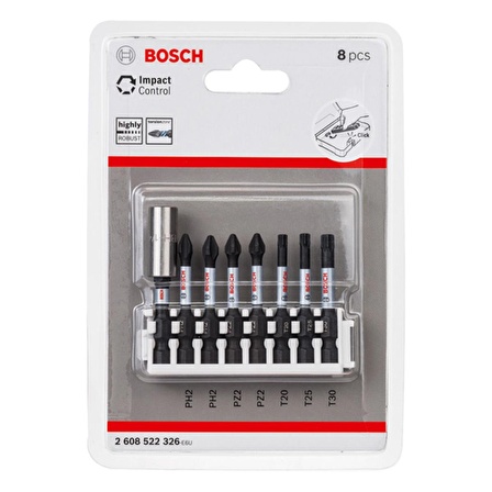 Bosch - Impact Control Serisi Vidalama Ucu 8'li PH2x2/PZ2x2/T20/T30 *50mm + Standart Tutucu *60mm