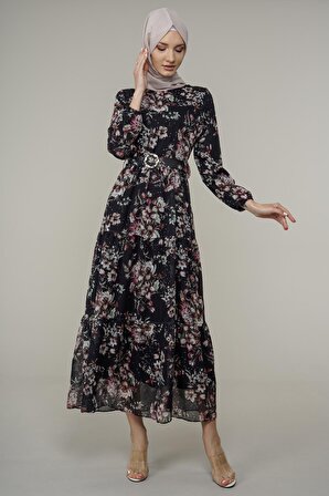 Kadın Çiçek Desenli Kemerli Şifon Elbise 13122