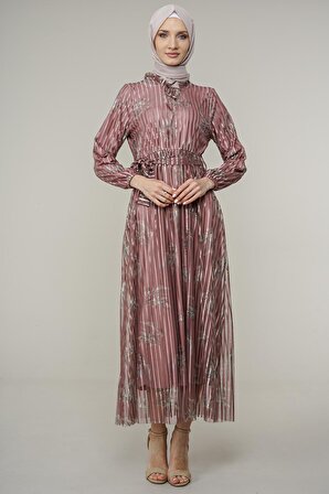 Kadın Şerit Desenli Tül Elbise 10322