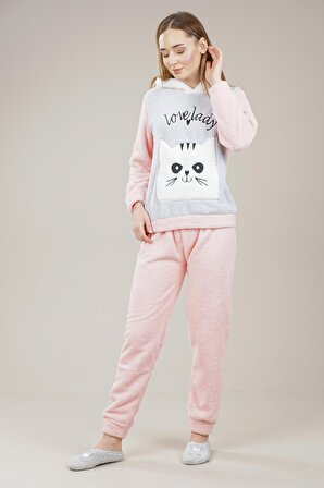 Kadın Kedi Detaylı Yazılı Polar Pijama Takımı VO1068