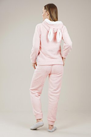 Kadın Kedi Detaylı Yazılı Polar Pijama Takımı VO1068