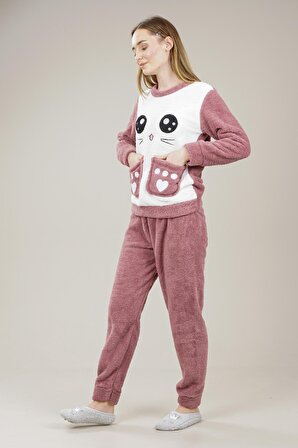 Kadın Panda Detaylı Cepli Polar Pijama Takımı VO1070