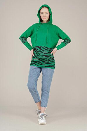 Kadın Zebra Desenli Kapüşonlu Triko  Yeşil