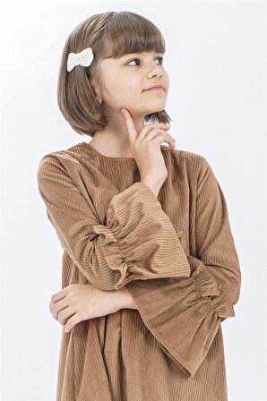 Genç Kız Kolları Fırfır Detaylı Tunik  Kahverengi