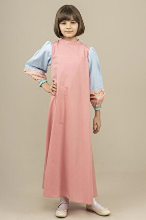 Genç Kız Kolları Lastikli Geniş Kesim Renk Detaylı Lale Elbise Pembe