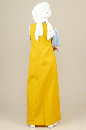 Genç Kız Kolları Lastikli Geniş Kesim Renk Detaylı Lale Elbise Hardal