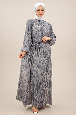 Kadın Boydan Bağlamalı Belden Lastikli Şifon Elbise Gri
