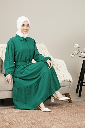 Kadın Gizli Patlı Kamerli Uzun Elbise Zümrüt Yeşili
