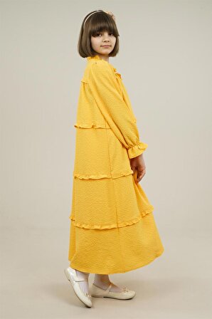 Genç Kız Geniş Kesim Katlı Fırfırlı Kolları Lastikli Elbise Sarı