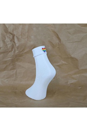 Beyaz Renkli Kalpli Pamuklu Kısa Soket Erkek Kadın Unisex Çorap & Heart White Unisex Socks