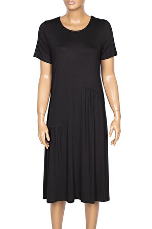Barem Kadın Suna Beli Baseni Büzgülü Düz Renk Siyah Elbise