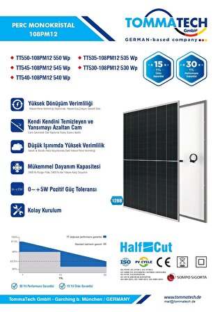 TommaTech 550 Wp Halfcut Multibusbar Monokristal 108PM M12 Güneş Paneli