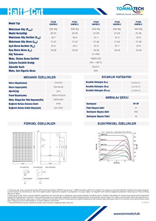 TommaTech 550 Wp Halfcut Multibusbar Monokristal 108PM M12 Güneş Paneli