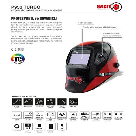 Sacit P950 Turbo Otomatik Kararan Kaynak Maskesi True Color True Color Temiz | Net Görüntü