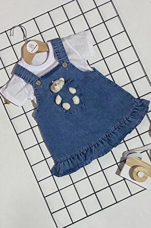 Ayıcık Oyuncaklı Kız Bebek İkili  Kot Elbise 
