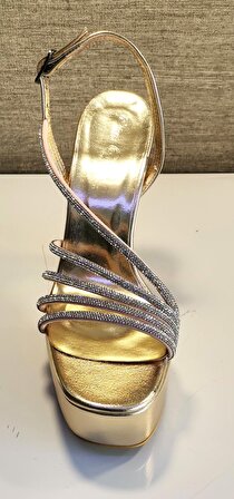 Pinecone 602 Bayan Açık Platform Taşlı Abiye Ayakkabı Altın