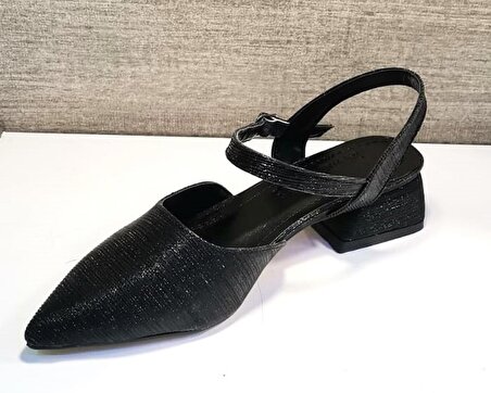 Swellsoft 335 Kadın Kısa Topuklu Arkası Açık Abiye Ayakkabı Siyah Simli