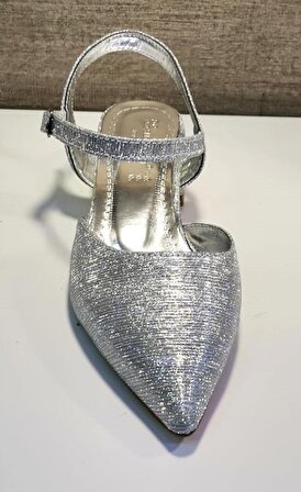 Swellsoft 335 Kadın Kısa Topuklu Arkası Açık Abiye Ayakkabı Gümüş Simli