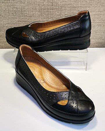 Drzen 278 Kadın Hakiki Deri Dolgu Taban Comfort Ayakkabı Siyah