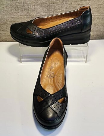 Drzen 278 Kadın Hakiki Deri Dolgu Taban Comfort Ayakkabı Siyah