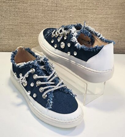 White Line 2408 Kadın Taşlı Kot Sneaker Ayakkabı Kot Mavi