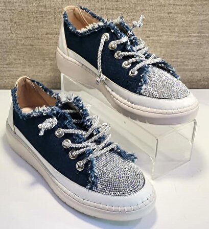 White Line 2406 Kadın Taşlı Kot Sneaker Ayakkabı Kot Mavi