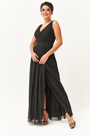 Kadın Büyük Beden Kolsuz Yırtmaç Detaylı Şifon Uzun Siyah Abiye & Gece Elbisesi