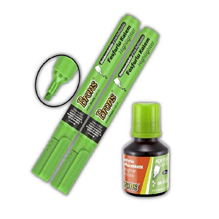 Fosforlu Kalem Yeşil Doldurulabilir 2 Adet ve Mürekkebi 30ml 1 Adet