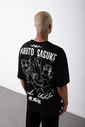 Oversize Naruto Sasuke Baskılı Pamuklu T-shirt