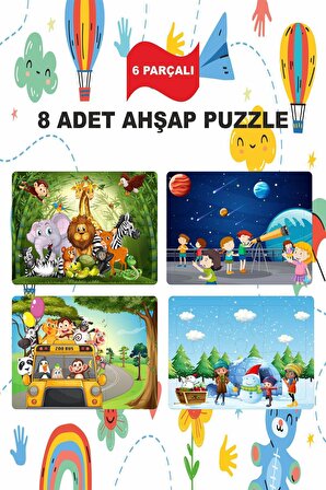 Rengarenk Ahşap Çocuk Puzzle 6 Parça 8 Adet eğitici öğretici