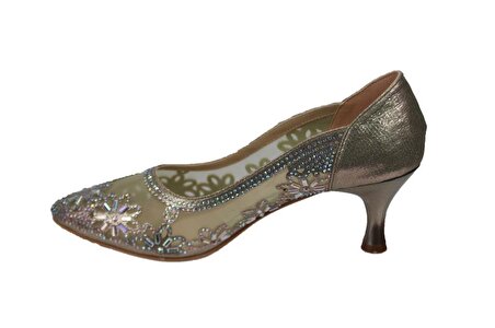 YAZKIŞ Kadın Platin Gümüş Altın 6cm Topuklu Tüllü Taşlı Düğün Nişan Mezuniyet Ayakkabı