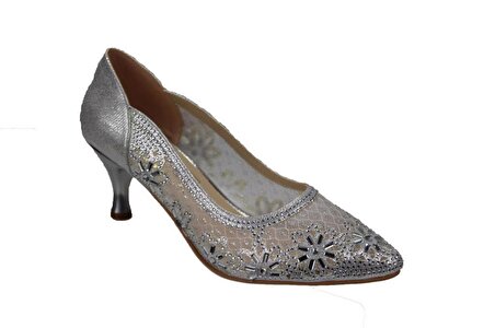 YAZKIŞ Kadın Platin Gümüş Altın 6cm Topuklu Tüllü Taşlı Düğün Nişan Mezuniyet Ayakkabı