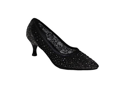 YAZKIŞ Kadın Siyah Platin Sedef 6cm Topuklu Tüllü Taşlı Düğün Nişan Mezuniyet Ayakkabı