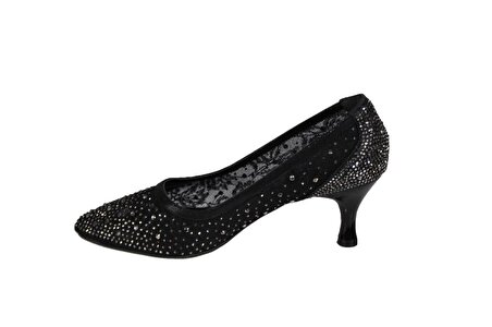 YAZKIŞ Kadın Siyah Platin Sedef 6cm Topuklu Tüllü Taşlı Düğün Nişan Mezuniyet Ayakkabı