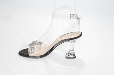 YAZKIŞ Kadın Siyah Platin 8cm Tek Bant Kadeh Topuklu Şeffaf Üzeri Taşlı Düğün Nişan Abiye Ayakkabı