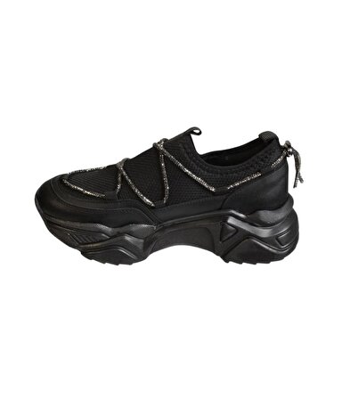 YAZKIŞ Kadın Siyah Ten Triko Kumaş Bağcıksız Üzeri Taşlı 6cm KalınComfort Taban Fashıon Spor Ayakkab
