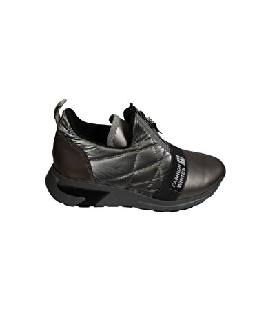 YAZKIŞ Kadın Siyah Platin Paraşüt Kumaş Üzeri Fermuarlı Kalın Taban Fashıon Spor Ayakkabı