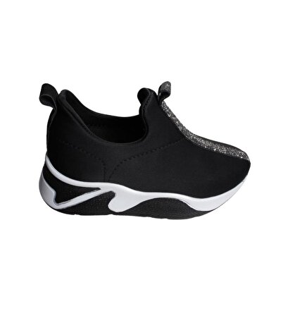 YAZKIŞ Kadın Siyah Streç Kumaş Üzeri Taş Şeritli Comfort 5cm Kalın Taban Fashıon Spor ayakkabı